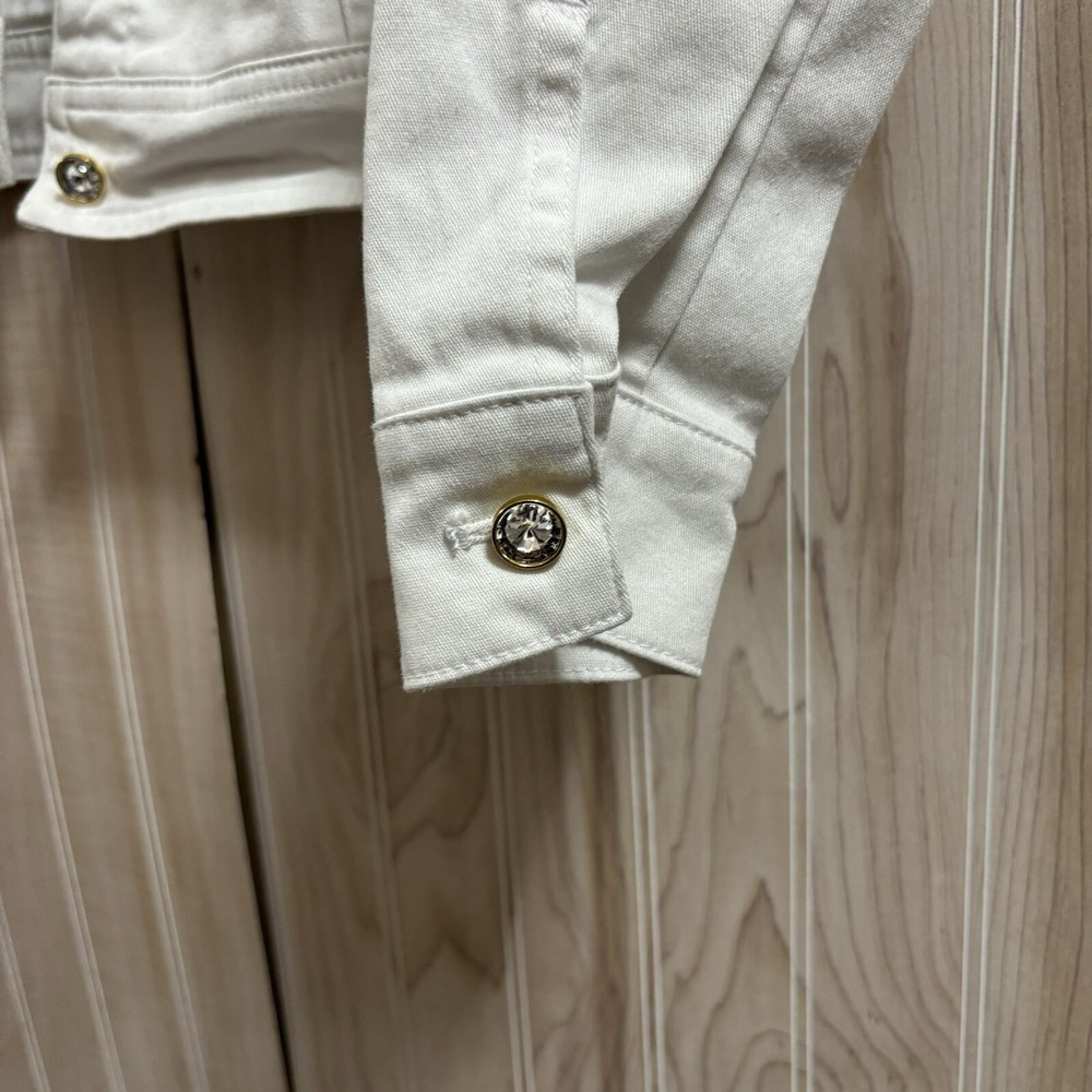 Quacker Factory White Denim Jacket Gold Rhinestone Button Trucker Small Stretch - Picture 2 of 8